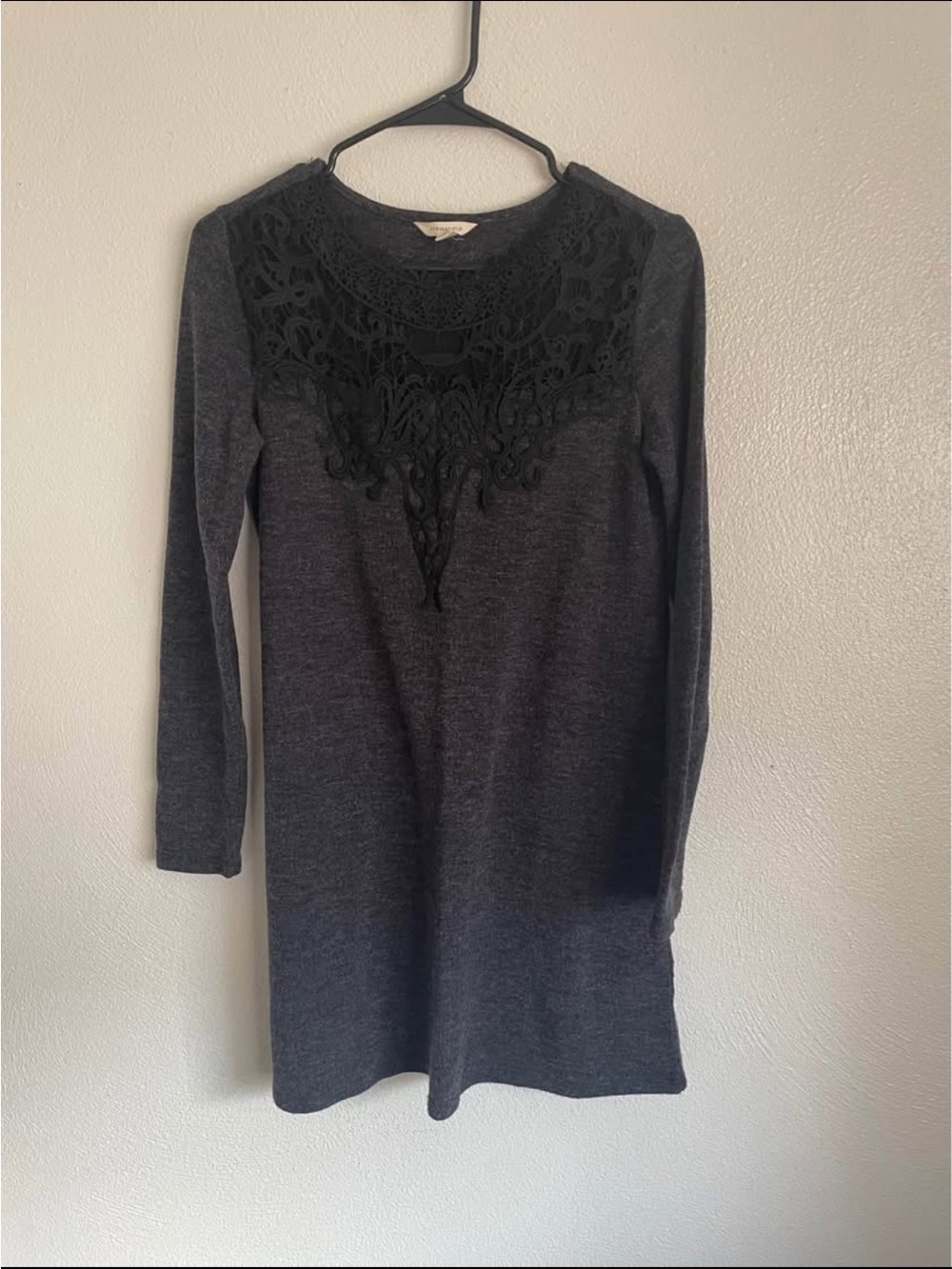 Dark Gray Long Sleeve Dress with Lace Yoke